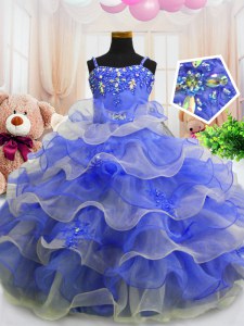 Pretty Blue Organza Zipper Little Girls Pageant Dress Wholesale Sleeveless Floor Length Beading and Ruffled Layers