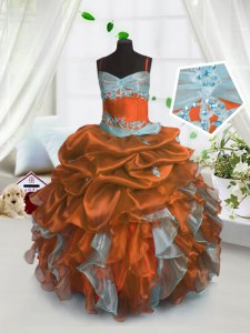 Trendy Rust Red Ball Gowns Spaghetti Straps Sleeveless Organza Floor Length Lace Up Beading and Ruffles and Pick Ups Kids Pageant Dress