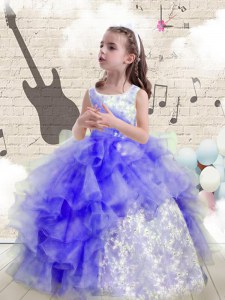 Blue Organza Lace Up Scoop Sleeveless Floor Length Pageant Gowns For Girls Beading and Ruffles