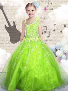 Latest Apple Green Asymmetric Neckline Beading and Appliques and Hand Made Flower Little Girls Pageant Dress Wholesale Sleeveless Lace Up