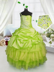 Lovely One Shoulder Sleeveless Beading and Ruffled Layers and Pick Ups Lace Up Little Girl Pageant Dress