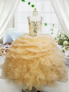Cute Organza Straps Sleeveless Zipper Beading and Ruffles and Pick Ups Child Pageant Dress in Champagne