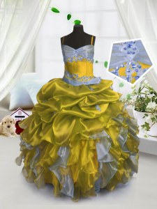 Gold Ball Gowns Beading and Ruffles and Pick Ups Party Dress Wholesale Lace Up Organza Sleeveless Floor Length