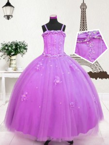 Lilac Spaghetti Straps Neckline Beading and Appliques Little Girl Pageant Dress Sleeveless Zipper