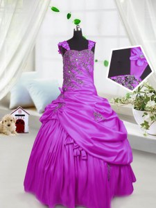 Hot Selling Sleeveless Satin Floor Length Lace Up Little Girl Pageant Dress in Fuchsia with Beading and Pick Ups