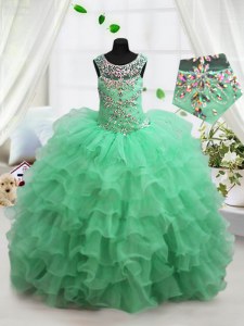 Beautiful Scoop Apple Green Ball Gowns Beading and Ruffled Layers Little Girl Pageant Dress Lace Up Organza Sleeveless Floor Length