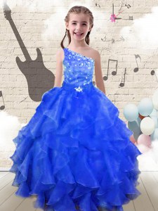 Exquisite One Shoulder Royal Blue Ball Gowns Beading and Ruffles Little Girls Pageant Dress Wholesale Lace Up Organza Sleeveless Floor Length