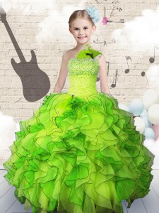 One Shoulder Organza Lace Up Little Girls Pageant Dress Sleeveless Floor Length Beading and Ruffles