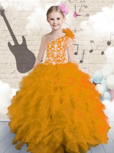 Admirable One Shoulder Floor Length Ball Gowns Sleeveless Orange Pageant Gowns For Girls Lace Up