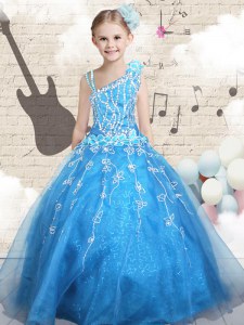 Baby Blue Sleeveless Floor Length Appliques Lace Up Little Girls Pageant Dress Wholesale
