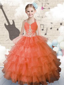 Adorable Halter Top Sleeveless Beading and Ruffled Layers Lace Up Little Girls Pageant Gowns