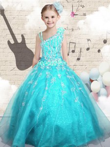 Classical Aqua Blue Ball Gowns Appliques Little Girls Pageant Gowns Lace Up Tulle Sleeveless Floor Length