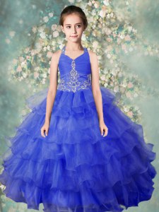 Baby Blue Zipper Halter Top Beading and Ruffled Layers Kids Pageant Dress Organza Sleeveless