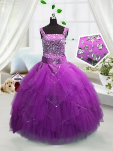 Latest Fuchsia Ball Gowns Tulle Straps Sleeveless Beading and Ruffles Floor Length Lace Up Little Girls Pageant Dress
