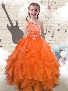 Custom Designed Orange Red Party Dress Party and Wedding Party and For with Beading and Ruffles One Shoulder Sleeveless Lace Up