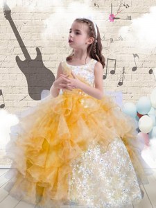 Scoop Orange Ball Gowns Beading and Ruffles Pageant Gowns For Girls Lace Up Organza Sleeveless Floor Length