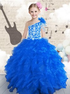 Simple Floor Length Navy Blue Little Girls Pageant Gowns One Shoulder Sleeveless Lace Up