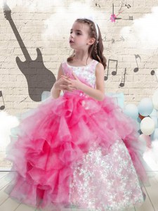 Scoop Sleeveless Organza Floor Length Lace Up Little Girls Pageant Dress Wholesale in Hot Pink with Beading and Ruffles