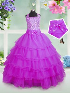 On Sale Rose Pink Pageant Gowns For Girls Party and Wedding Party and For with Beading and Ruffled Layers Square Sleeveless Zipper