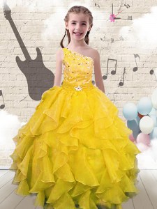 One Shoulder Sleeveless Lace Up Little Girls Pageant Dress Wholesale Yellow Organza
