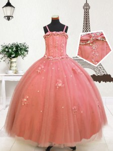Sleeveless Tulle Floor Length Zipper Party Dress for Toddlers in Watermelon Red with Beading and Appliques