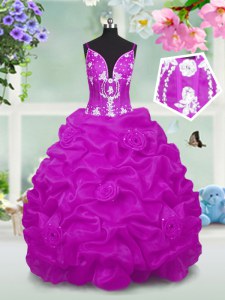 Fuchsia Sleeveless Floor Length Beading and Appliques and Pick Ups Lace Up Pageant Gowns For Girls