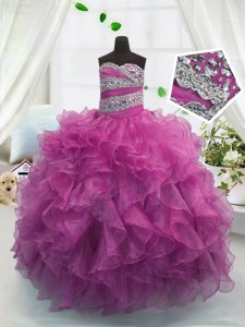 Excellent Fuchsia Little Girls Pageant Dress Wholesale Party and Wedding Party and For with Beading and Ruffles Sweetheart Sleeveless Lace Up