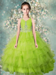 Halter Top Sleeveless Floor Length Beading and Ruffled Layers Zipper Girls Pageant Dresses with Yellow Green