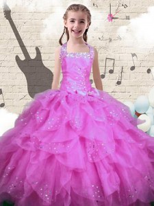 Halter Top Rose Pink Sleeveless Beading and Ruffles Floor Length Party Dress