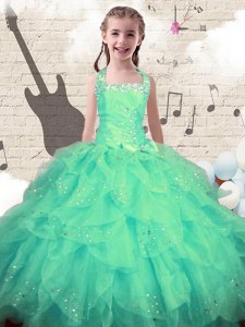 Unique Halter Top Sleeveless Floor Length Beading and Ruffles Lace Up Kids Pageant Dress with Turquoise