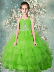 Fantastic Ruffled Halter Top Sleeveless Zipper Little Girl Pageant Gowns Apple Green Organza