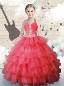 Halter Top Sleeveless Kids Pageant Dress Floor Length Ruffled Layers Coral Red Organza