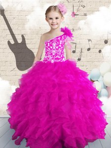 Fantastic Hot Pink Lace Up One Shoulder Embroidery and Ruffles and Hand Made Flower Little Girls Pageant Dress Organza Sleeveless