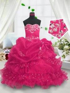 Floor Length Lace Up Little Girls Pageant Dress Wholesale Hot Pink for Party and Wedding Party with Beading and Ruffled Layers and Pick Ups
