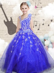 Floor Length Lace Up Little Girls Pageant Dress Blue for Party and Wedding Party with Beading and Appliques and Hand Made Flower