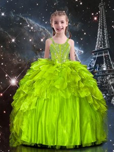 Yellow Green Sleeveless Floor Length Beading and Ruffles Lace Up Child Pageant Dress