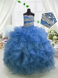 Fashion Organza Sweetheart Sleeveless Lace Up Beading and Ruffles Little Girl Pageant Gowns in Blue