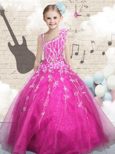 Exquisite Sleeveless Tulle Floor Length Lace Up Little Girls Pageant Dress Wholesale in Hot Pink with Beading