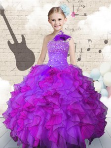 Pretty One Shoulder Floor Length Ball Gowns Sleeveless Purple Girls Pageant Dresses Lace Up