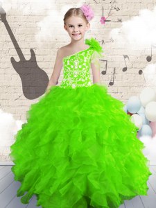 Best Organza Lace Up One Shoulder Sleeveless Floor Length Party Dress Beading and Ruffles