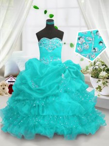 Aqua Blue Ball Gowns Sweetheart Sleeveless Organza Floor Length Lace Up Beading and Ruffled Layers and Pick Ups Little Girls Pageant Gowns