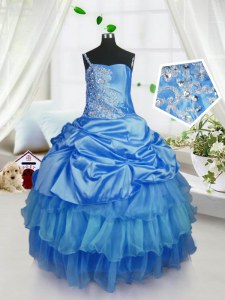 Baby Blue Lace Up Strapless Beading and Ruffled Layers and Pick Ups Party Dress for Girls Organza Sleeveless