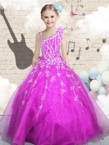 Classical Fuchsia Sleeveless Floor Length Beading and Appliques and Hand Made Flower Lace Up Little Girl Pageant Gowns