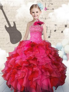 Fashionable Floor Length Hot Pink Teens Party Dress One Shoulder Sleeveless Lace Up