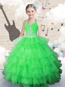 Halter Top Organza Sleeveless Floor Length Kids Pageant Dress and Beading and Ruffled Layers