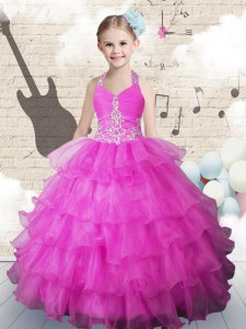 Charming Halter Top Beading and Ruffled Layers Party Dress for Girls Fuchsia Lace Up Sleeveless Floor Length