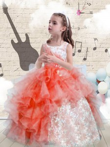 Perfect Organza Scoop Sleeveless Lace Up Beading and Ruffles Little Girls Pageant Gowns in Watermelon Red