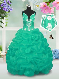 Turquoise Ball Gowns Beading and Pick Ups Kids Pageant Dress Lace Up Taffeta Sleeveless Floor Length