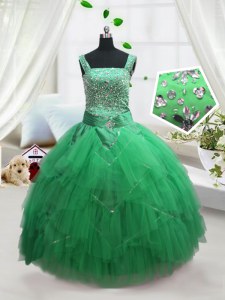Sleeveless Tulle Floor Length Lace Up Custom Made in Turquoise with Beading and Ruffles
