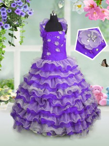 High Quality Ruffled Floor Length Lavender Child Pageant Dress Straps Sleeveless Lace Up